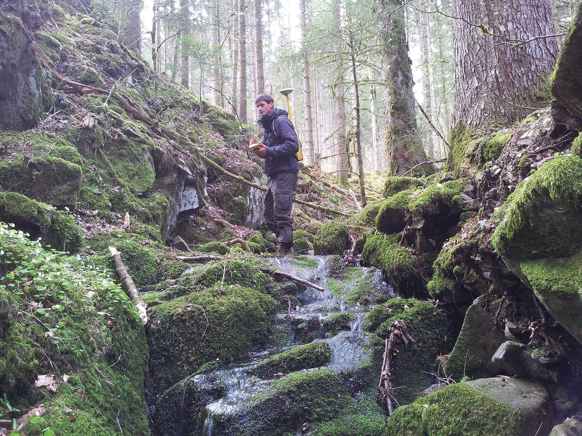 Vermessungsarbeiten auf Blockschutt im Wald